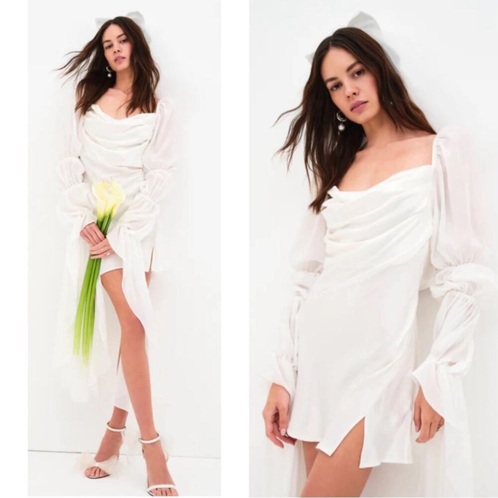 For Love & Lemons Willow White Draped Cowl Neck Puff Sleeve Mini Dress Sz XL